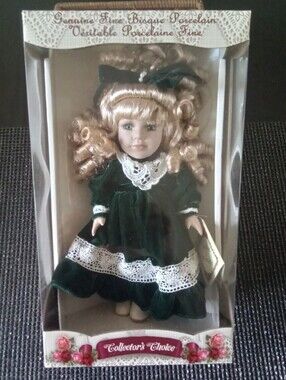 Collector's Choice Porcelain Doll in Dark Green Velvet Dress